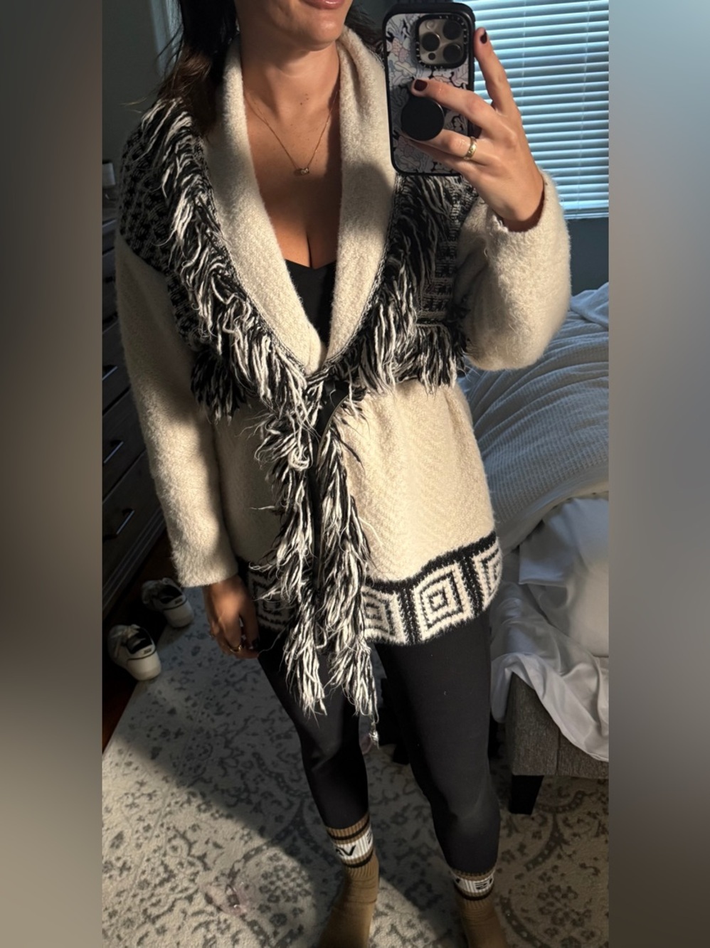 Beige & Black Fringe Knit Cardigan Sweater - Picture 6 of 13